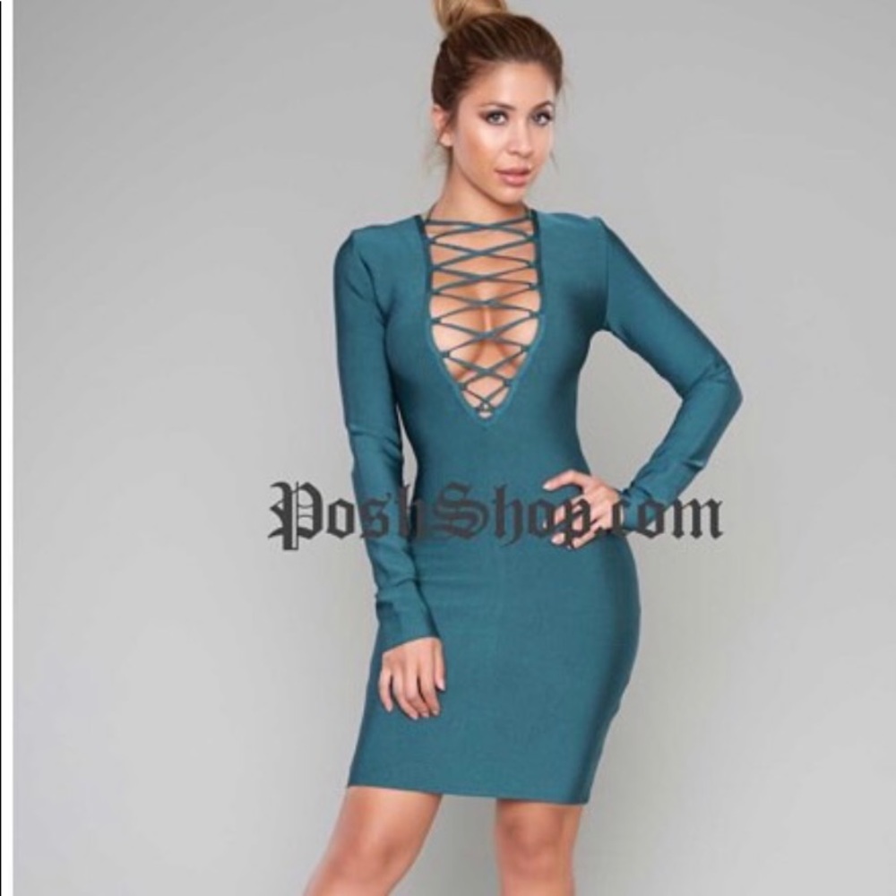 Fashion Nova Teal Bandage Bodycon Dress XS